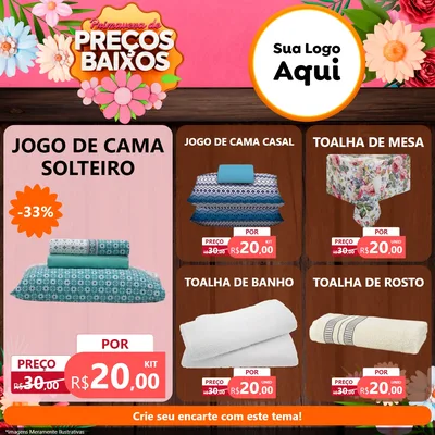 Modelo de Rede Social para Feed Facebook com o tema Primavera de Preços Baixos para Cama, Mesa e Banho