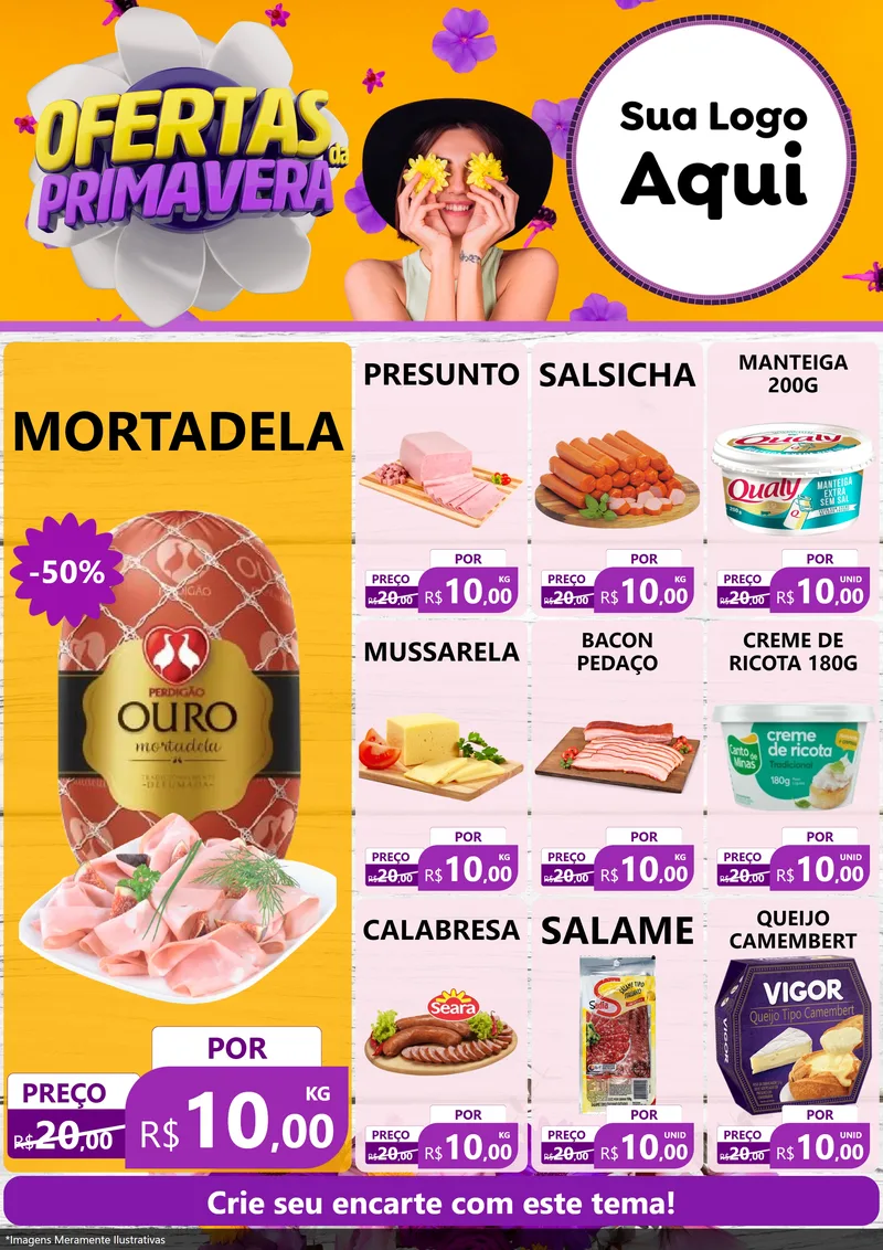 Modelo de Encarte para Encarte A4 Vertical com o tema Ofertas Da Primavera para Frios e Laticínios