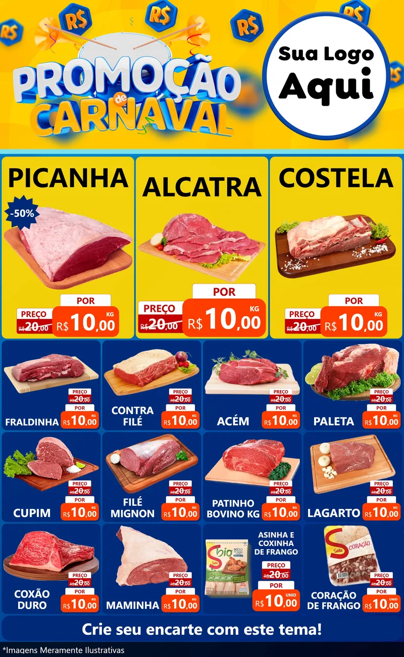 Modelo de Encarte para Encarte Grande com o tema Promoção de Carnaval para Açougue