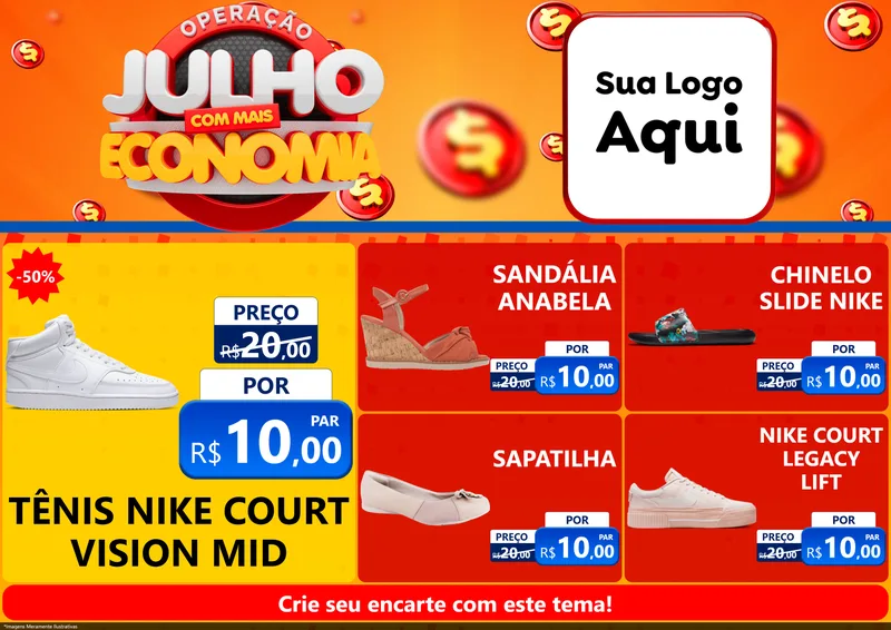 Modelo de Encarte para Encarte A4 Horizontal com o tema Operação Julho Com Mais Economia para Calçados