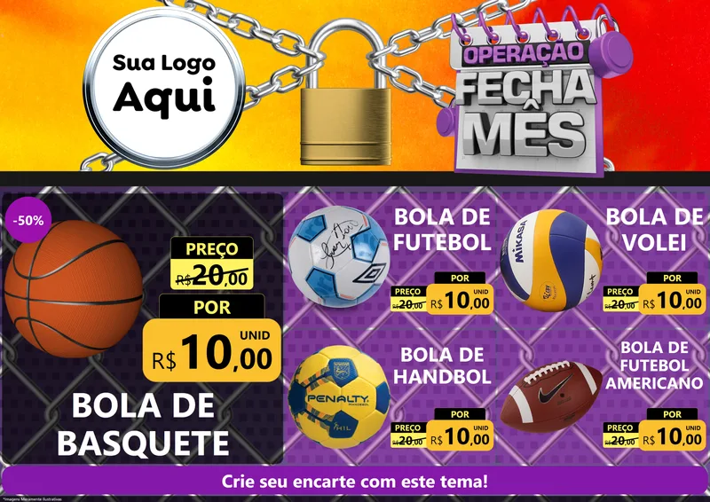 Modelo de Encarte para Encarte A4 Horizontal com o tema Operação Fecha Mês para Artigos Esportivos
