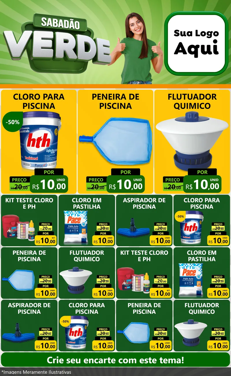 Modelo de Encarte para Encarte Grande com o tema Sabadão Verde para Produtos para Piscina