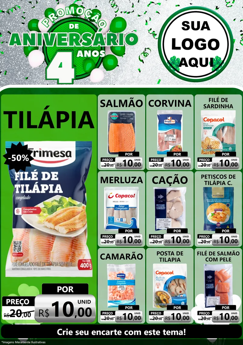 Modelo de Encarte para Encarte A4 Vertical com o tema Promoção de Aniversário - 4 Anos para Peixaria
