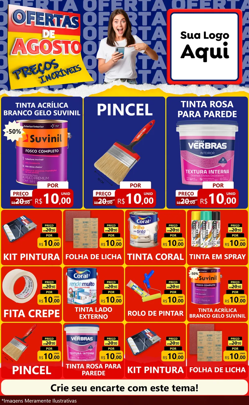 Modelo de Encarte para Encarte Grande com o tema Ofertas de Agosto - Preços Incríveis para Tintas e Ferramentas