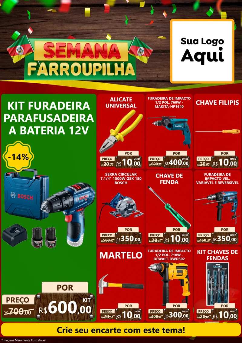 Modelo de Encarte para Encarte A4 Vertical com o tema Semana Farroupilha para Maquinas e Ferramentas