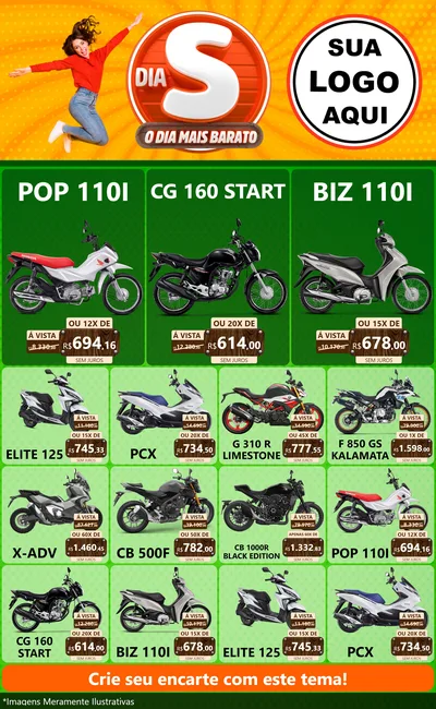 Modelo de Encarte para Encarte Grande com o tema Dia S - O Dia Mais Barato para Concessionaria de Motos