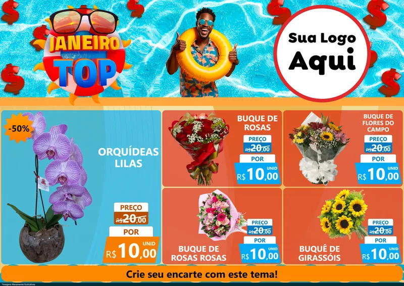 Modelo de Encarte para Encarte A4 Horizontal com o tema Janeiro Top para Floricultura e jardim