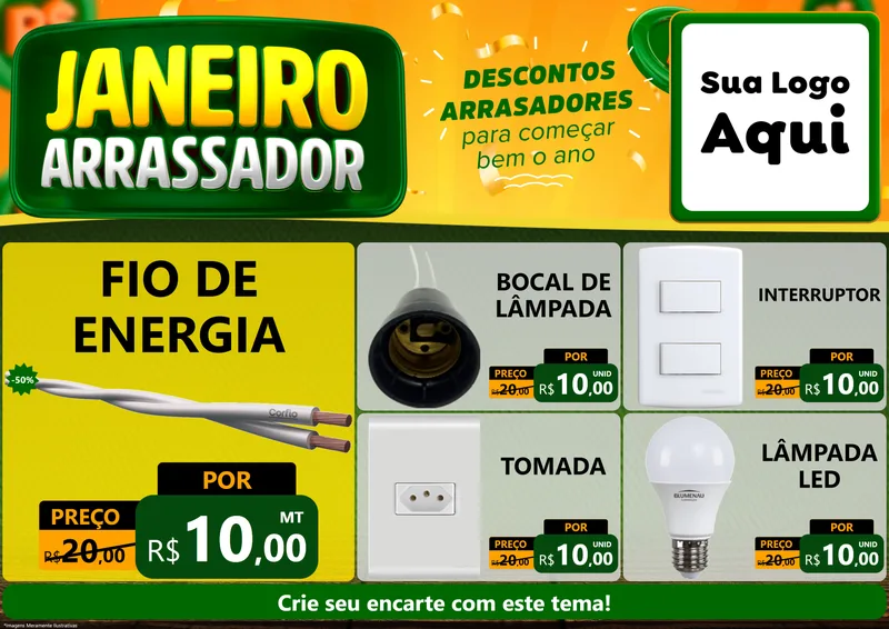Modelo de Encarte para Encarte A4 Horizontal com o tema Janeiro Arrasador para Materiais Elétricos