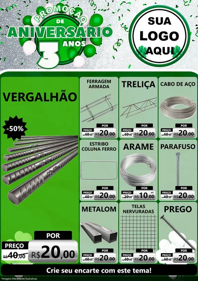 Modelo de Encarte para Encarte A4 Vertical com o tema Promoção de Aniversário - 3 Anos para Ferragens
