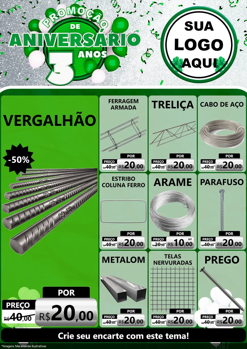 Modelo de Encarte para Encarte A4 Vertical com o tema Promoção de Aniversário - 3 Anos para Ferragens