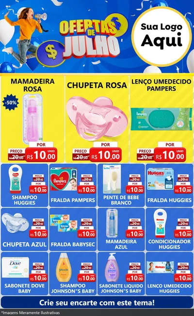Modelo de Encarte para Encarte Grande com o tema Ofertas de Julho para Bebês