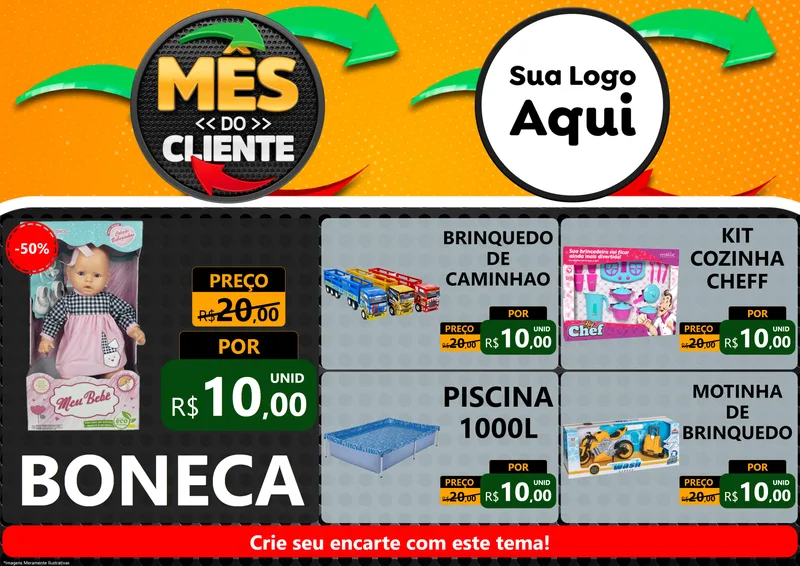 Modelo de Encarte para Encarte A4 Horizontal com o tema Mês do Cliente para Brinquedos