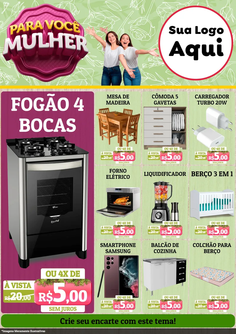Modelo de Encarte para Encarte A4 Vertical com o tema Para Você Mulher para Móveis e Eletro