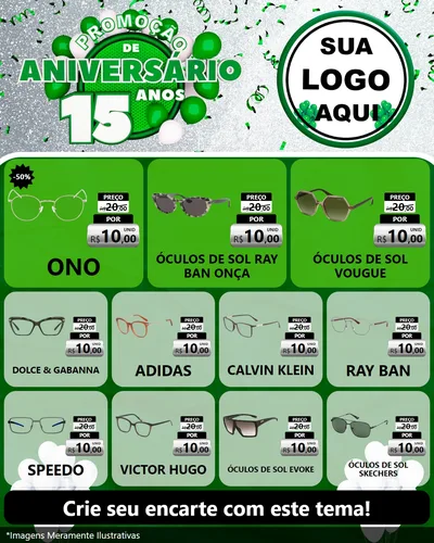 Modelo de Rede Social para Feed Instagram com o tema Promoção de Aniversário - 15 Anos para Óticas