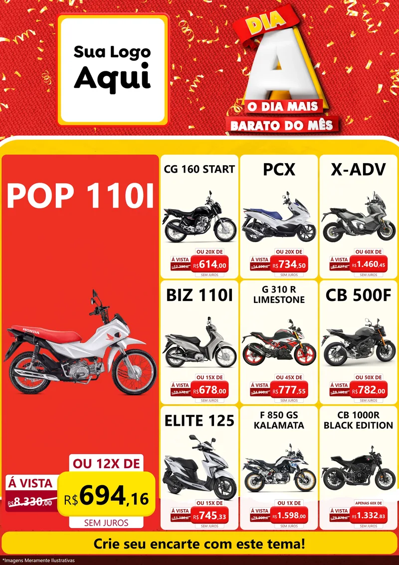 Modelo de Encarte para Encarte A4 Vertical com o tema Dia A o Dia Mais Barato do Mês para Concessionaria de Motos