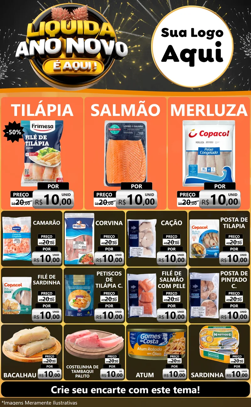 Modelo de Encarte para Encarte Grande com o tema Liquida Ano Novo É Aqui! para Peixaria