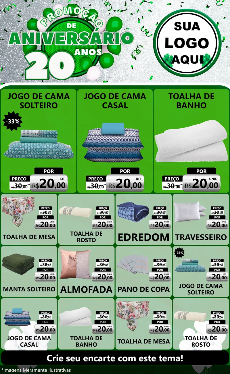 Modelo de Encarte para Encarte Grande com o tema Promoção de Aniversário - 20 Anos para Cama, Mesa e Banho
