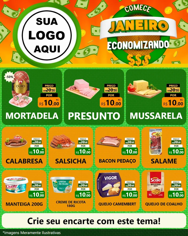 Modelo de Rede Social para Feed Instagram com o tema Comece Janeiro Economizando para Frios e Laticínios