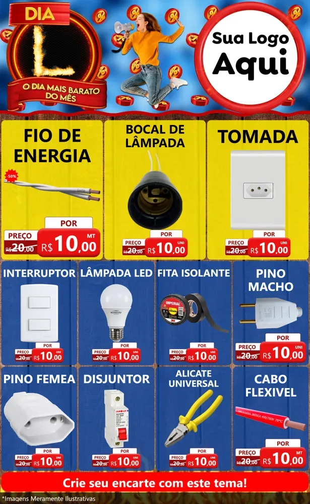 Modelo de Encarte para Encarte Grande com o tema Dia L - O Dia Mais Barato Do Mês para Materiais Elétricos