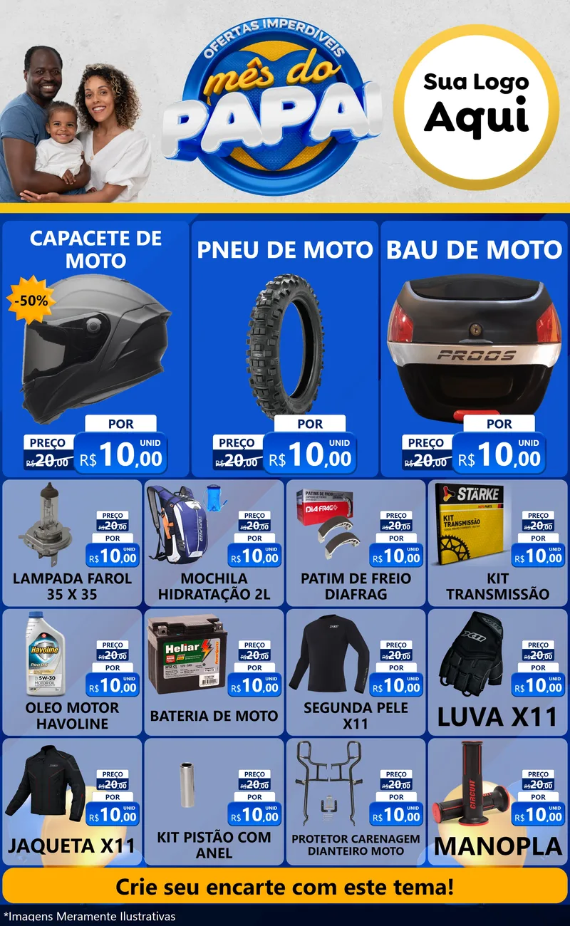 Modelo de Encarte para Encarte Grande com o tema Ofertas Imperdíveis Mês Do Papai para Moto peças