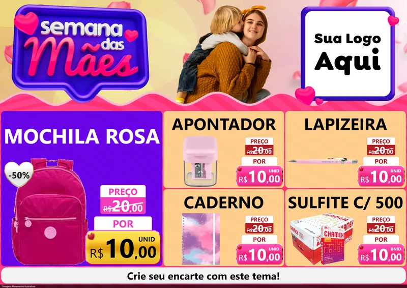 Modelo de Encarte para Encarte A4 Horizontal com o tema Semana das Mães para Papelaria