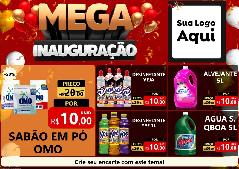 Modelo de Encarte para Encarte A4 Horizontal com o tema Mega Inauguração para Produtos de Limpeza