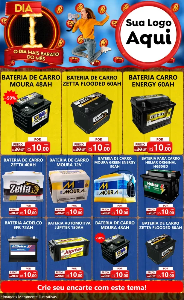 Modelo de Encarte para Encarte Grande com o tema Dia I - O Dia Mais Barato Do Mês para Baterias Elétricas