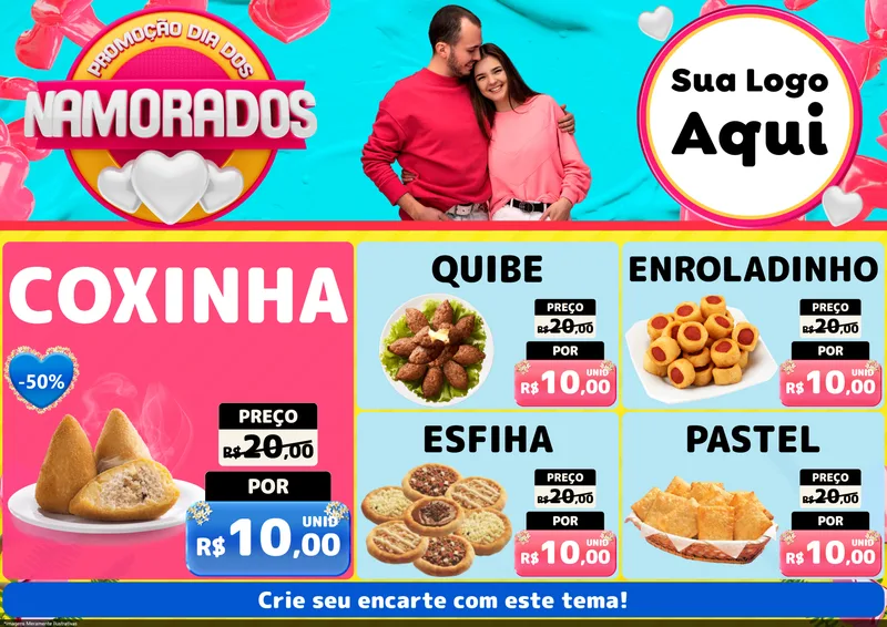 Modelo de Encarte para Encarte A4 Horizontal com o tema Promoção Dia dos Namorados para Salgadaria
