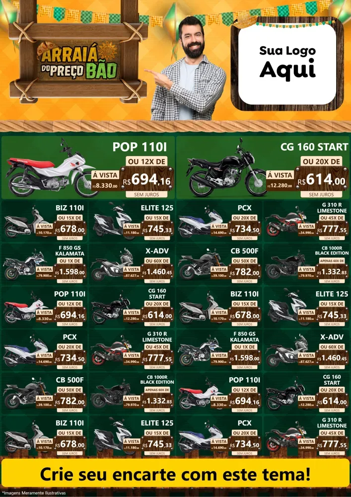 Modelo de Encarte para Encarte A4 Vertical com o tema Arraiá do preço bão para Concessionaria de Motos