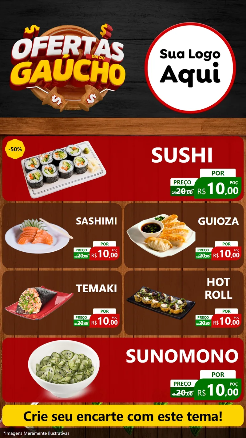 Modelo de TV para TV Vertical com o tema Ofertas Dia do Gaúcho para Comida japonesa
