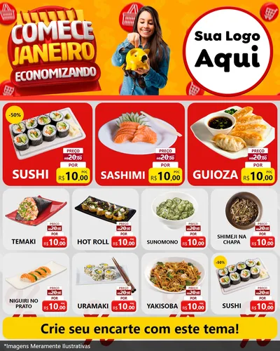 Modelo de Rede Social para Feed Instagram com o tema Comece Janeiro Economizando para Comida japonesa