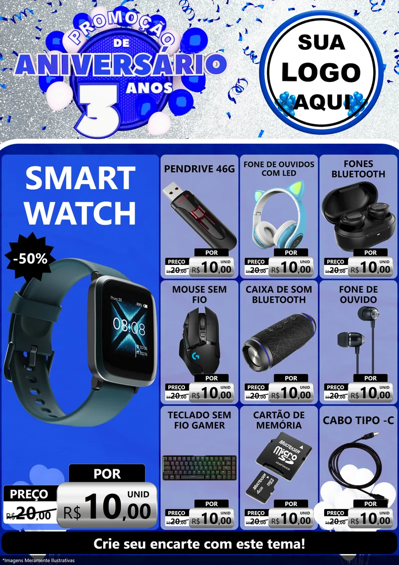 Modelo de Encarte para Encarte A4 Vertical com o tema Promoção de Aniversário - 3 Anos para Informática