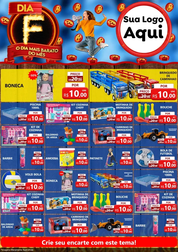 Modelo de Encarte para Encarte A4 Vertical com o tema Dia F - O Dia Mais Barato Do Mês para Brinquedos