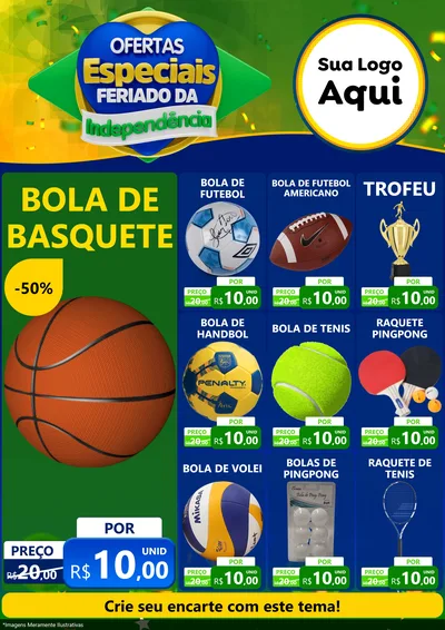 Modelo de Encarte para Encarte A4 Vertical com o tema Ofertas Especiais Feriado da Independência para Artigos Esportivos