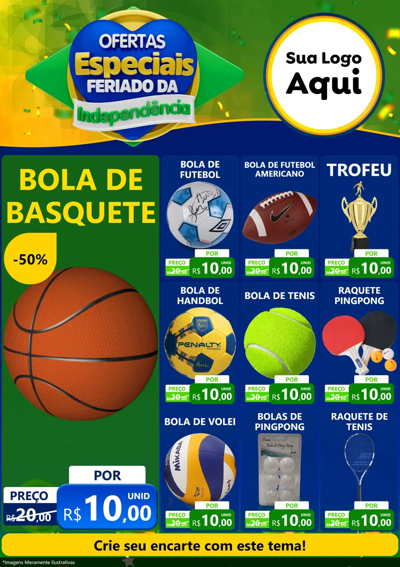 Modelo de Encarte para Encarte A4 Vertical com o tema Ofertas Especiais Feriado da Independência para Artigos Esportivos