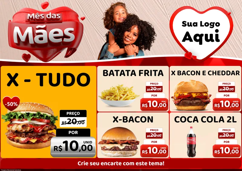 Modelo de Encarte para Encarte A4 Horizontal com o tema Mês das Mães para Hamburgueria