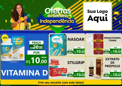Modelo de Encarte para Encarte A4 Horizontal com o tema Ofertas da Semana da Independência para Farmácia
