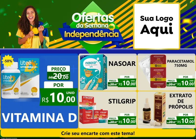 Modelo de Encarte para Encarte A4 Horizontal com o tema Ofertas da Semana da Independência para Farmácia