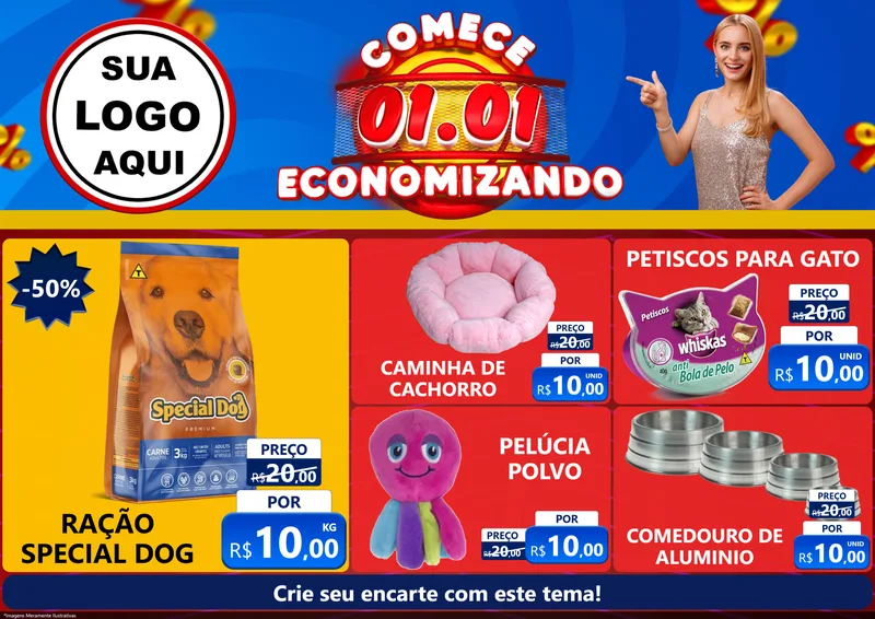 Modelo de Encarte para Encarte A4 Horizontal com o tema Comece 1º de Janeiro Economizando para Pet Shop