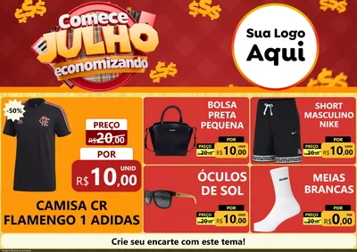 Modelo de Encarte para Encarte A4 Horizontal com o tema Comece Julho Economizando para Roupas e acessórios