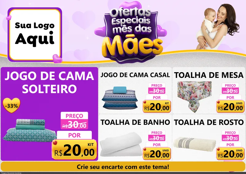 Modelo de Encarte para Encarte A4 Horizontal com o tema Ofertas Especiais - Mês das Mães para Cama, Mesa e Banho