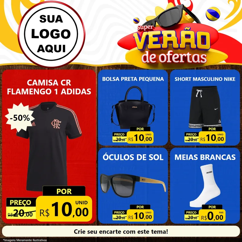 Modelo de Rede Social para Feed Facebook com o tema Super Verão de Ofertas para Roupas e acessórios