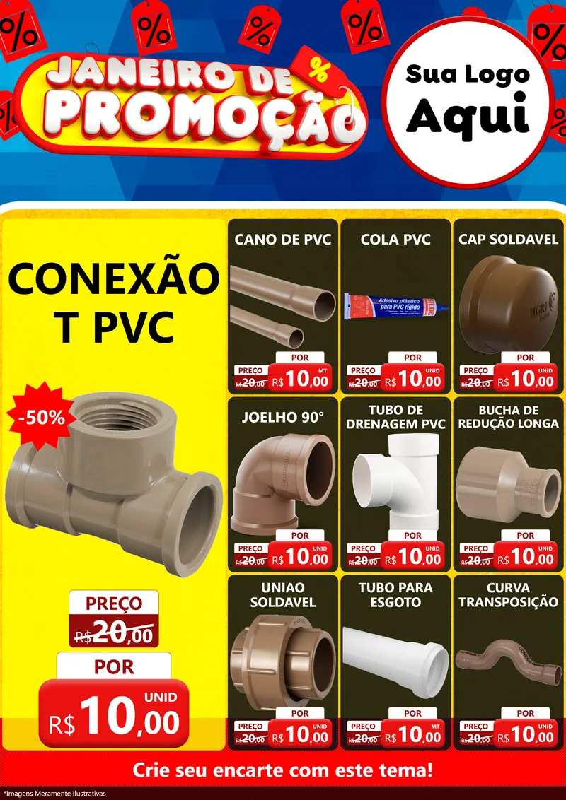 Modelo de Encarte para Encarte A4 Vertical com o tema Janeiro de Promoção para Tubos e conexões
