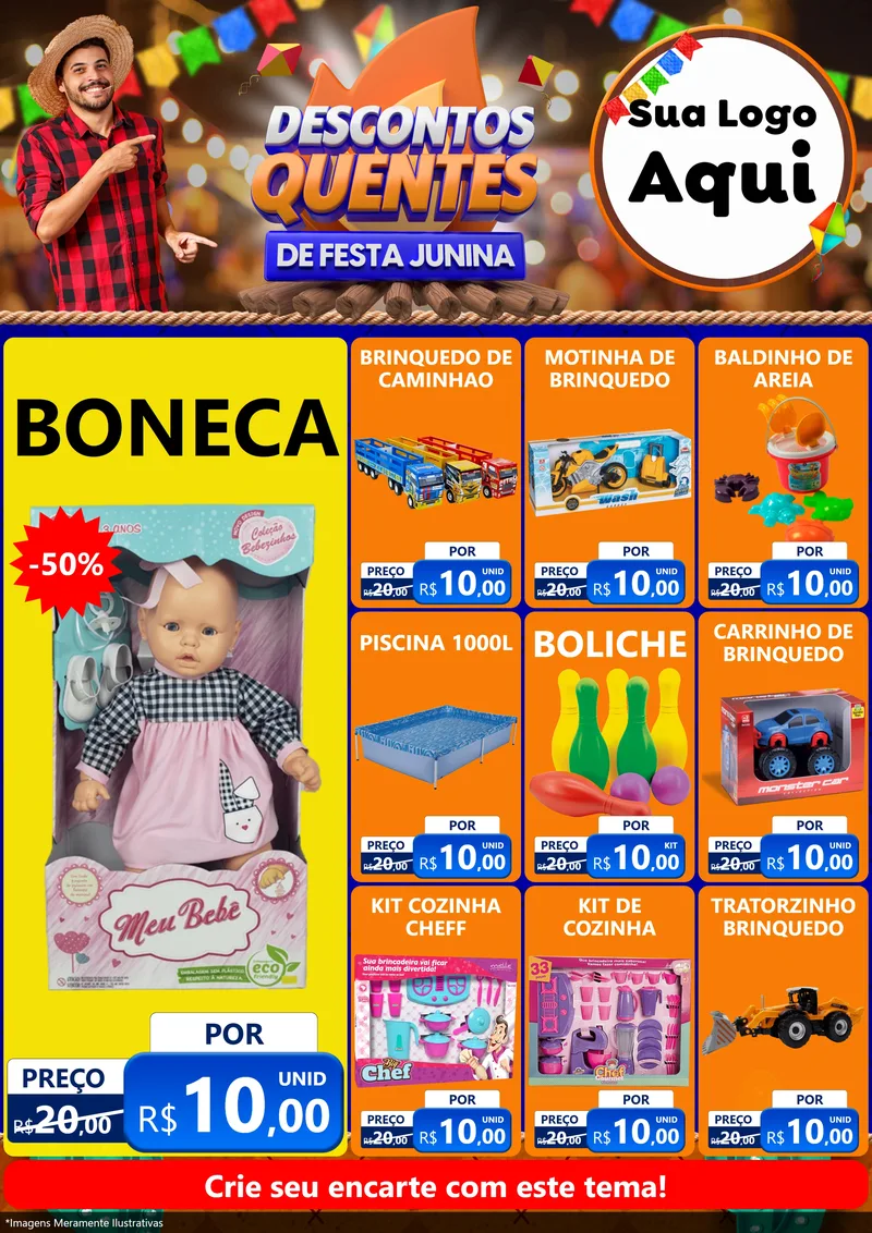 Modelo de Encarte para Encarte A4 Vertical com o tema Descontos Quentes de Festa Junina para Brinquedos