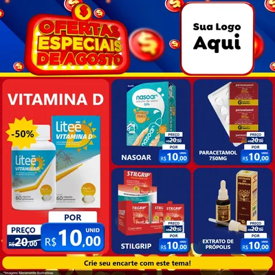 Modelo de Rede Social para Feed Facebook com o tema Ofertas Especiais de Agosto para Farmácia