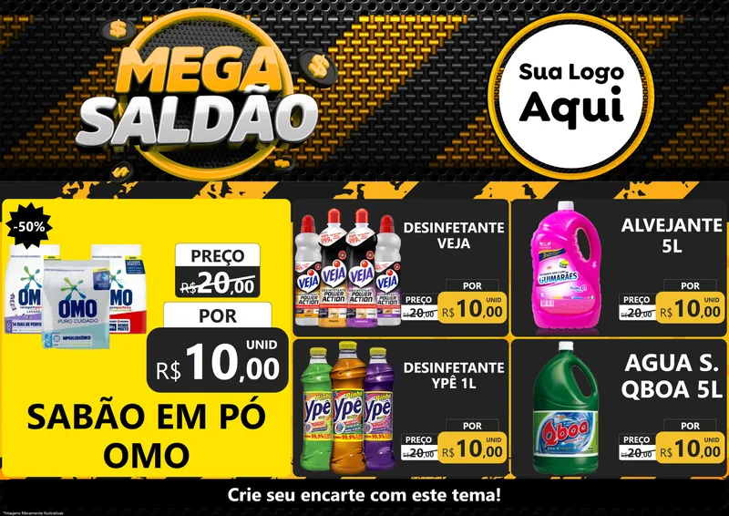 Modelo de Encarte para Encarte A4 Horizontal com o tema Mega Saldão para Produtos de Limpeza