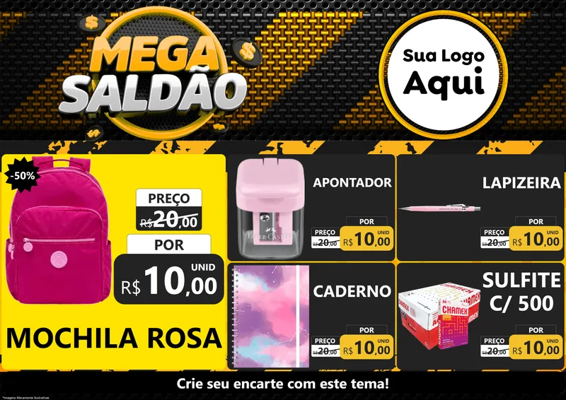 Modelo de Encarte para Encarte A4 Horizontal com o tema Mega Saldão para Papelaria