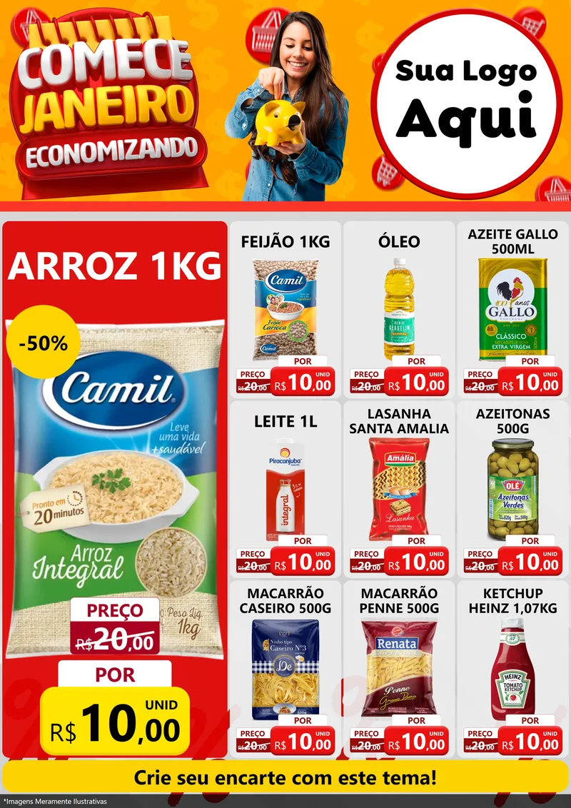 Modelo de Encarte para Encarte A4 Vertical com o tema Comece Janeiro Economizando para Supermercado
