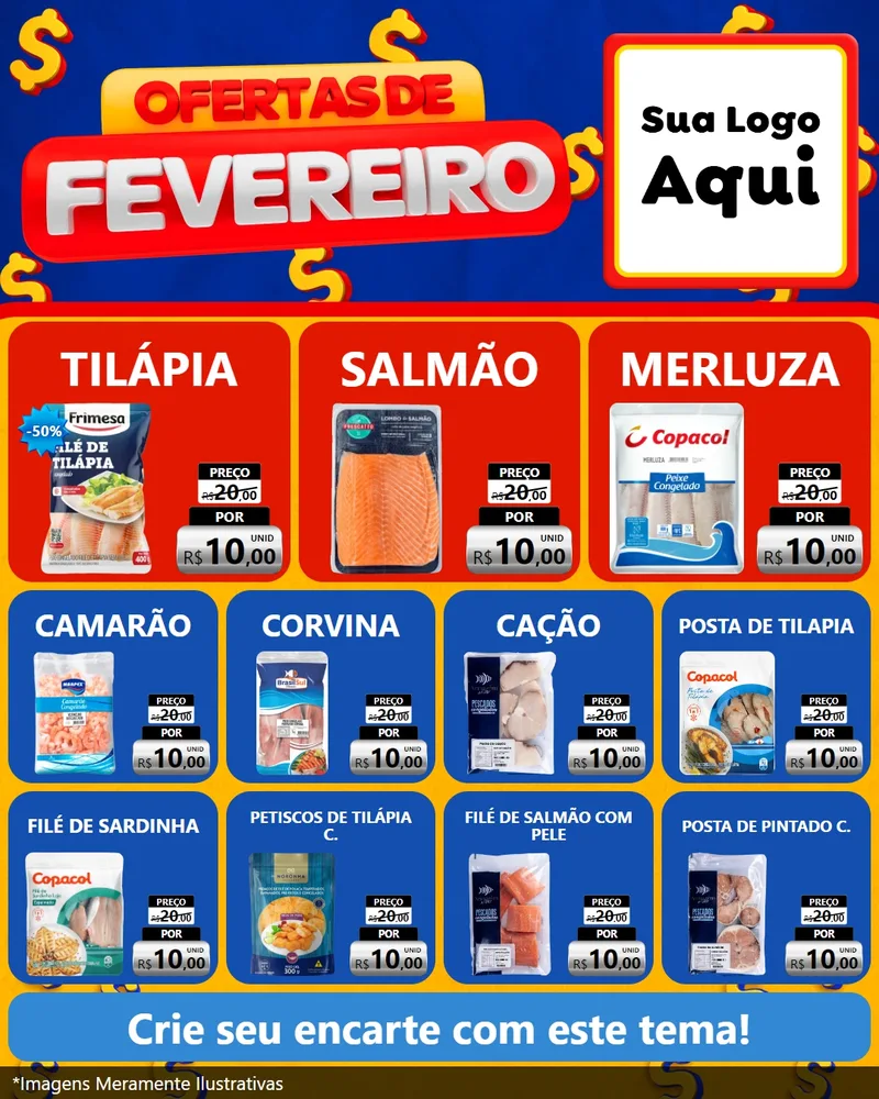 Modelo de Rede Social para Feed Instagram com o tema Ofertas de Fevereiro para Peixaria