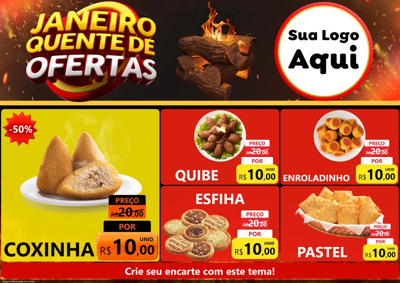 Modelo de Encarte para Encarte A4 Horizontal com o tema Janeiro Quente de Ofertas para Salgadaria